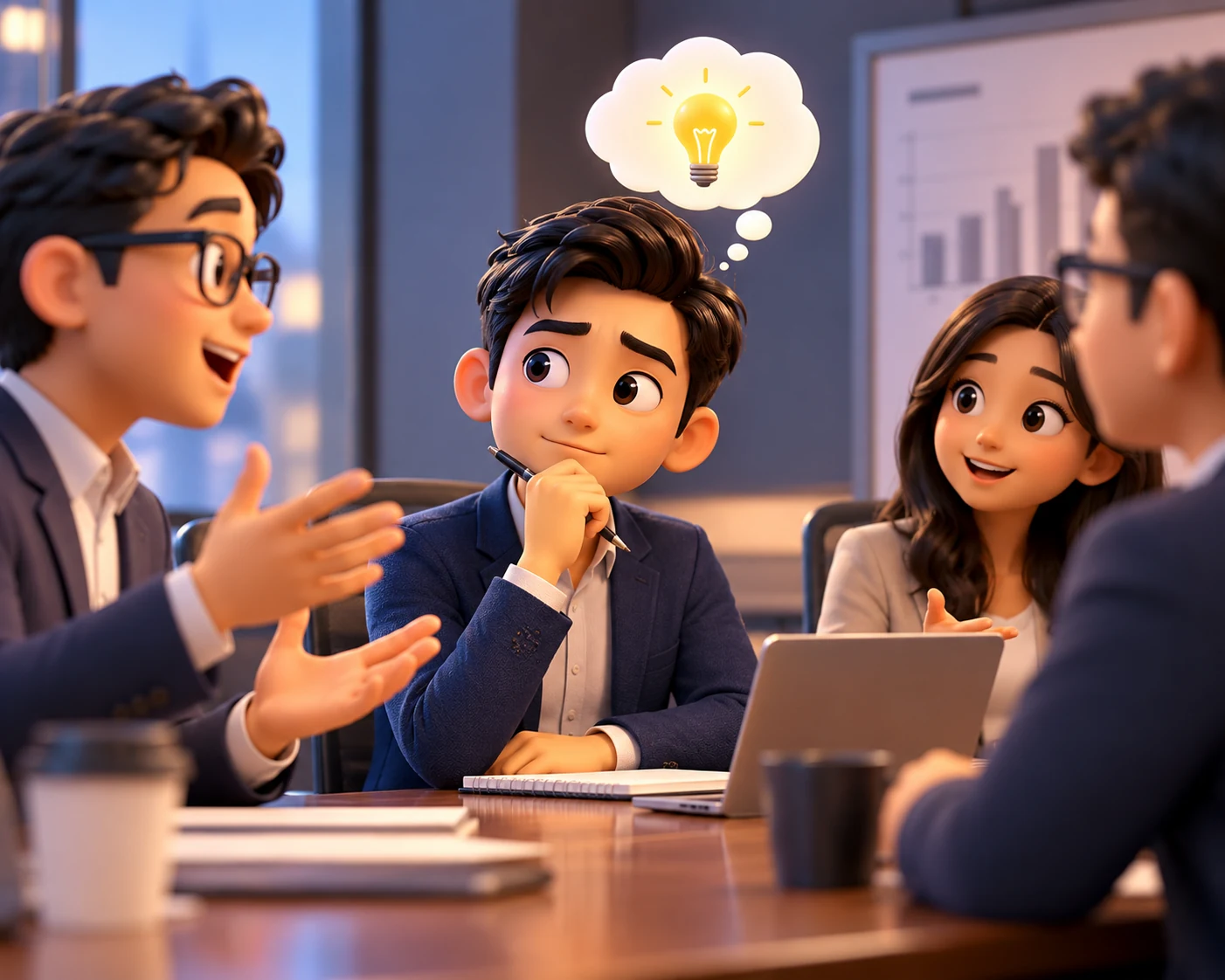 A thoughtful professional with an idea hesitates to speak during a meeting with colleagues.