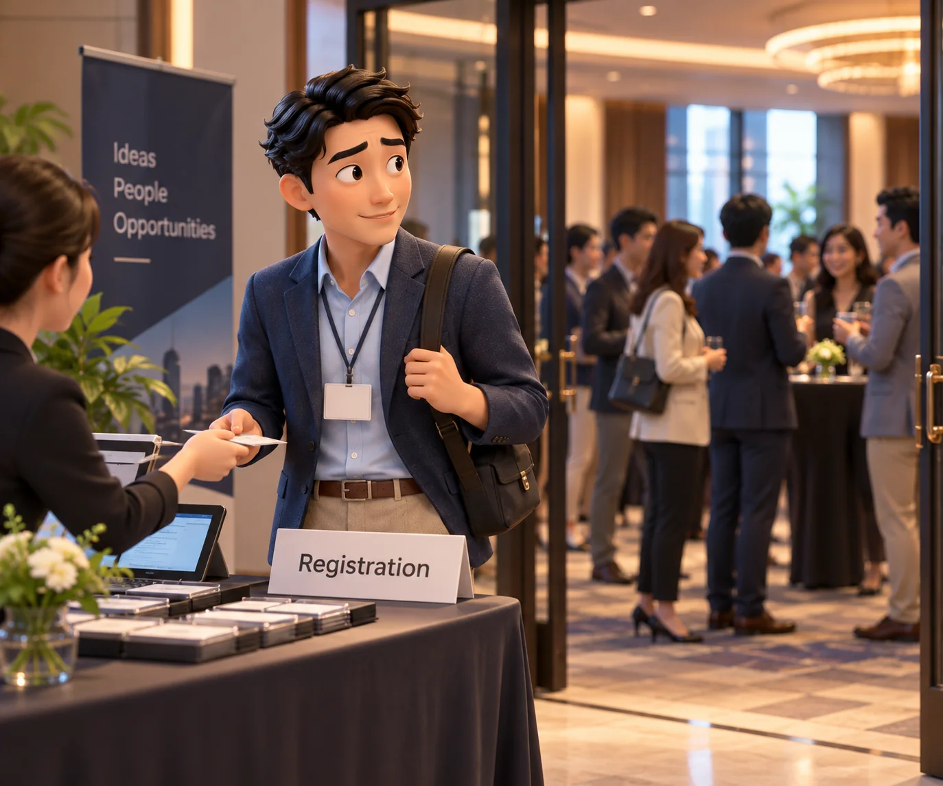 An attendee registering alone at a networking event while other guests mingle nearby.