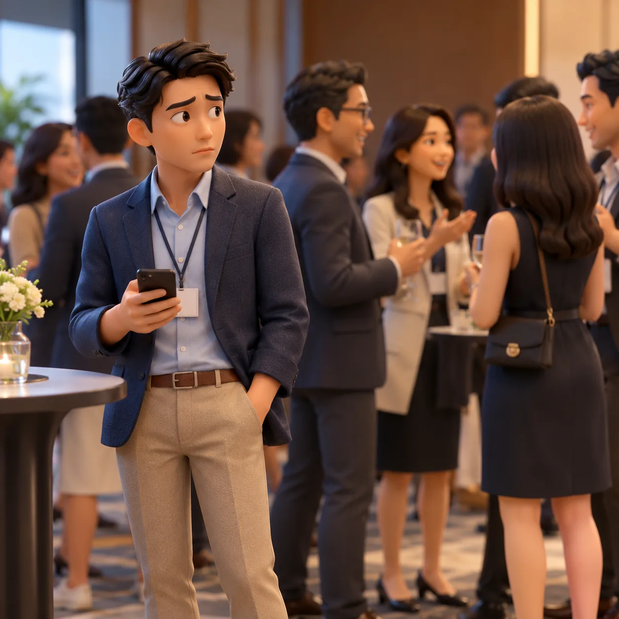 A hesitant professional standing alone at a networking event while other attendees talk in groups.